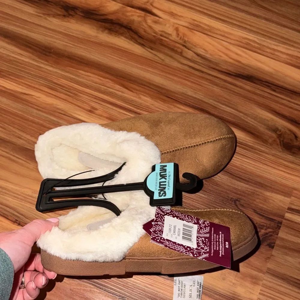 Muk Luks Tan Faux-Suede Slip-On Slippers with White Sherpa Lining